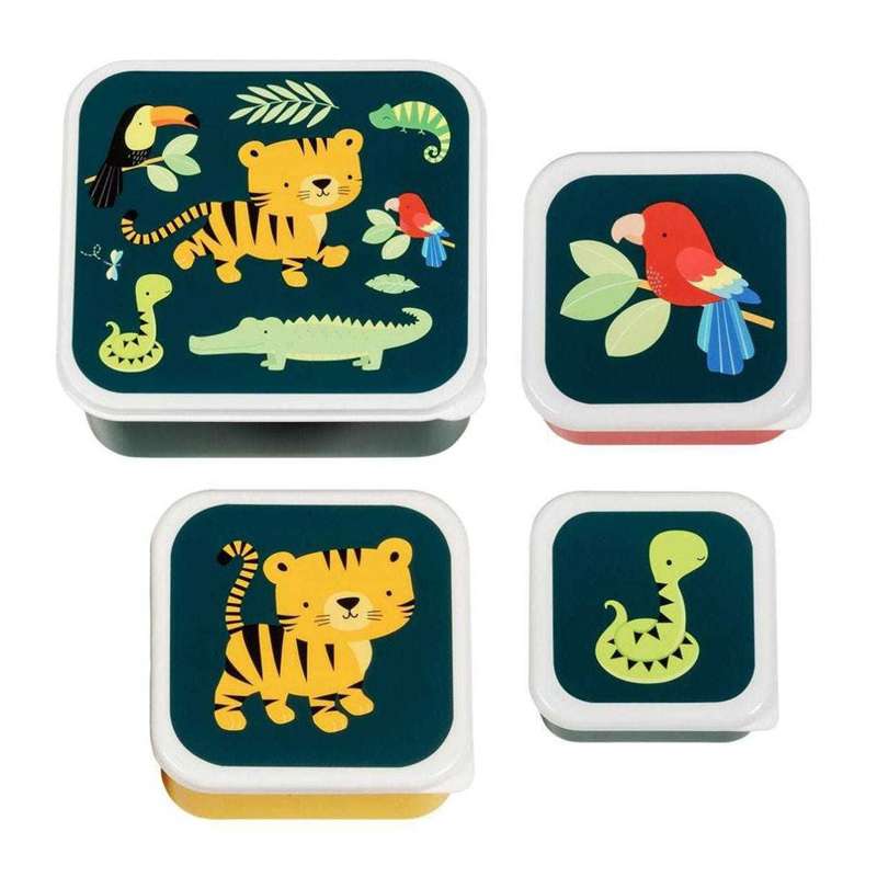A Little Lovely Company Lunchbox and Snack Box Set - 4 pieces - Tiger - Green